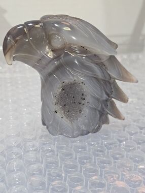 Hand-Carved Agate Eagle Head Sculpture in Gray and White